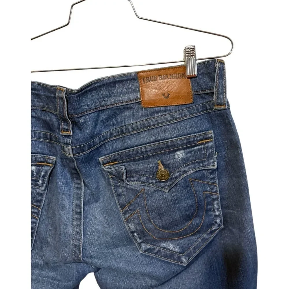 True Religion Geno Distressed Denim Shorts 36 Raw Hem Horseshoe Flap Pockets
